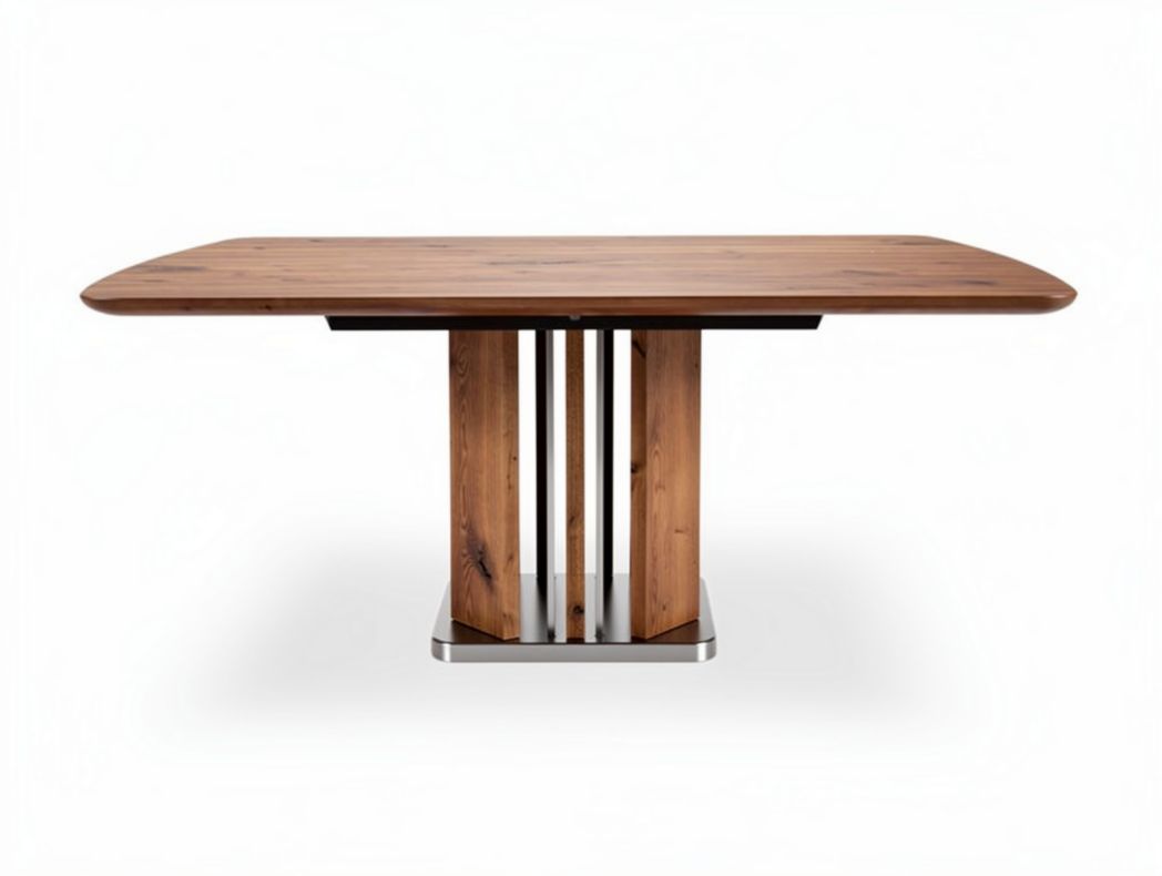 Solid wood dining table with stainless steel base and curved edges 200 x 100 x 75cm