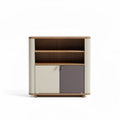 Modern storage cabinet in cream and taupe with two doors and open shelves 80 x 40 x 90cm