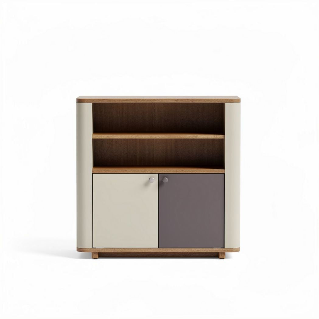 Modern storage cabinet in cream and taupe with two doors and open shelves 80 x 40 x 90cm