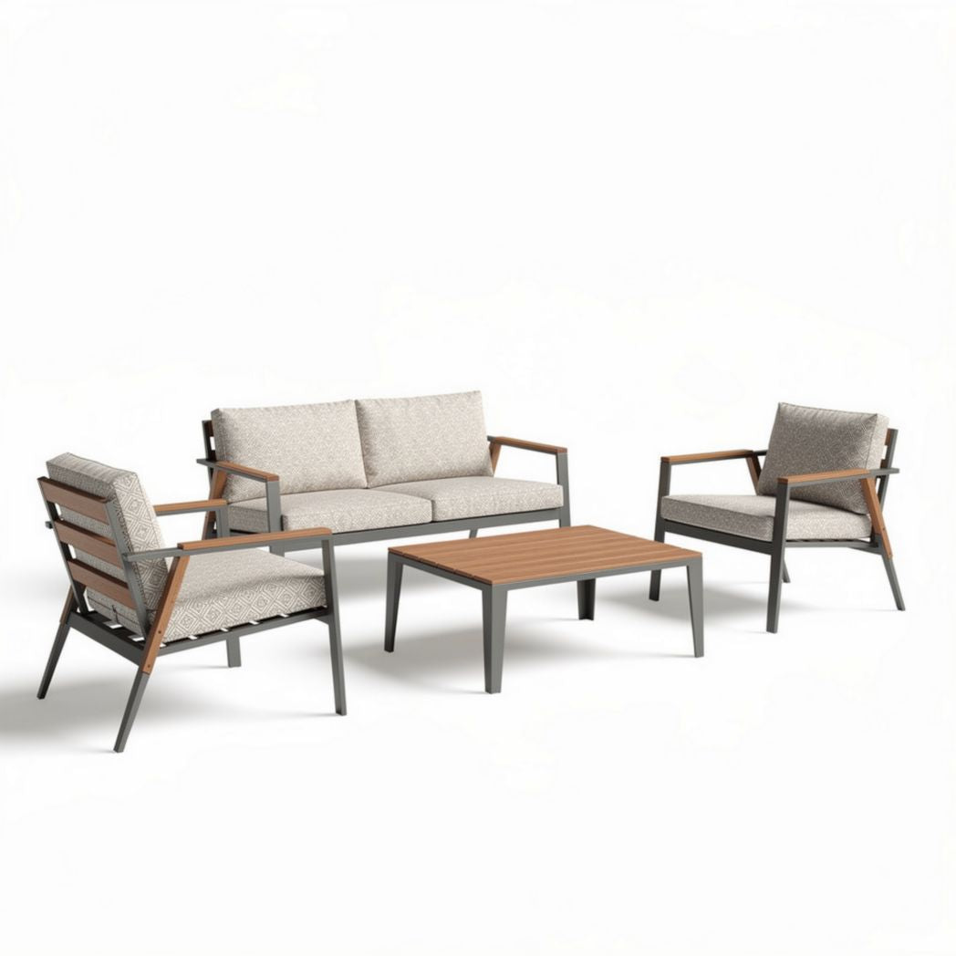 Outdoor sectional sofa set with gray cushions and acacia wood accents 200 x 100 x 85cm