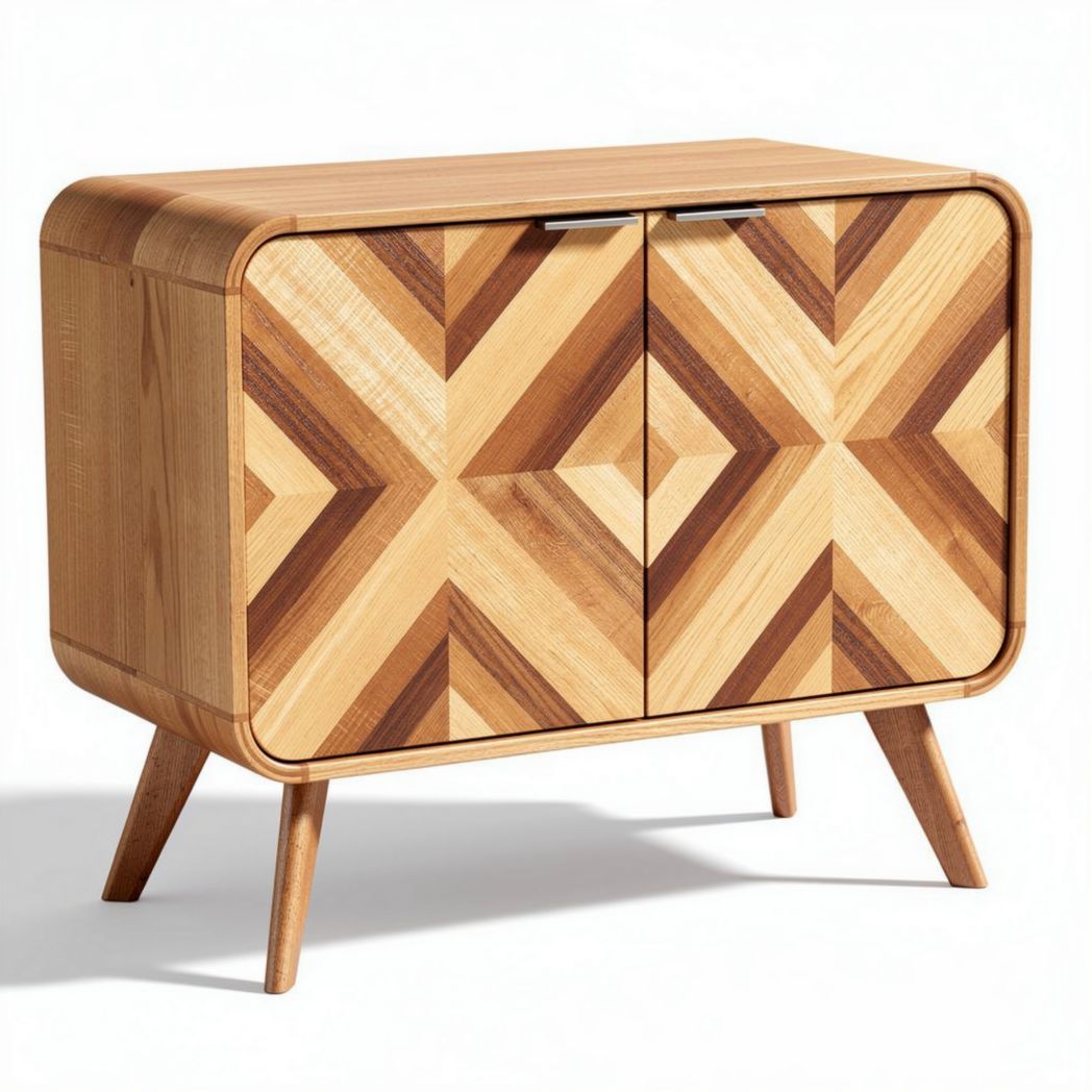 Wooden sideboard cabinet with geometric pattern doors in natural finish 90 x 45 x 75cm