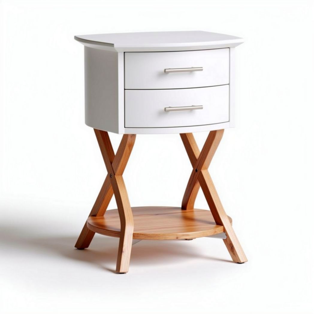 White nightstand with two drawers and bamboo lower shelf 50 x 40 x 70cm