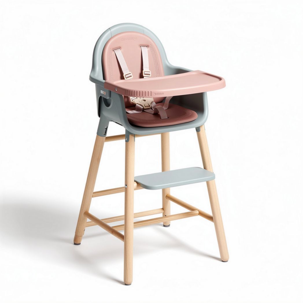 Wooden high chair with adjustable tray and safety straps in pink and gray 85 x 50 x 100cm