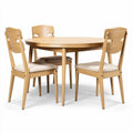 Round dining table set with four wooden chairs and fabric seats 90 x 90 x 75cm