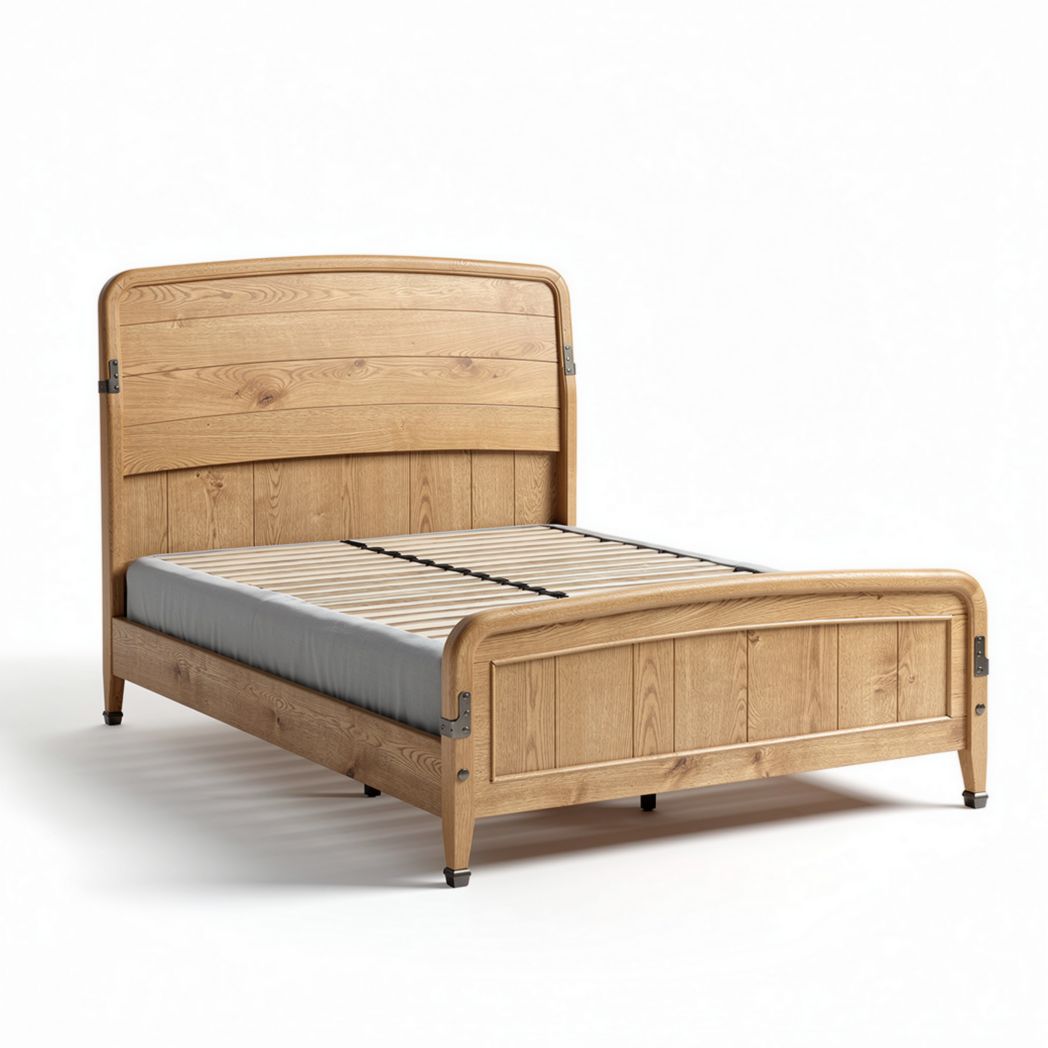 Wooden bed frame with slatted base and natural oak finish 200 x 150 x 100cm