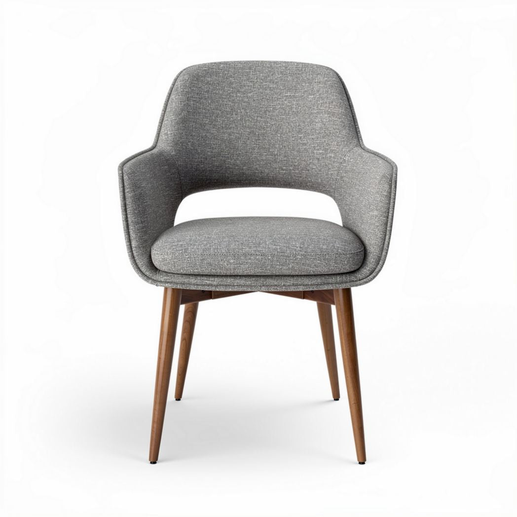 Mid-century modern accent chair with fabric upholstery and wooden legs